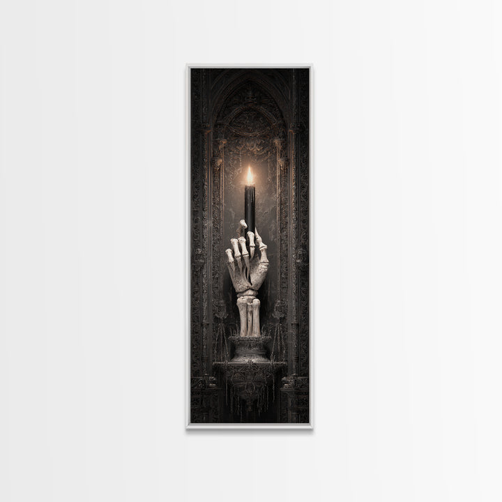 The Skeletal Hand Candleholder, Tall Narrow Wall Art, Macabre Wall Art, Framed Canvas Print, Halloween Wall Decor, Gothic Home Decor