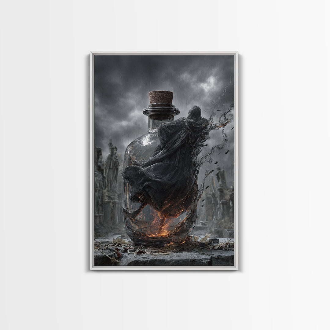 The Bottled Ghost, Vertical Wall Art, Gothic Horror Wall Art, Framed Canvas Print, Halloween Wall Decor, Gothic Home Decor