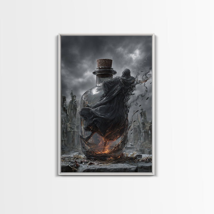 The Bottled Ghost, Vertical Wall Art, Gothic Horror Wall Art, Framed Canvas Print, Halloween Wall Decor, Gothic Home Decor