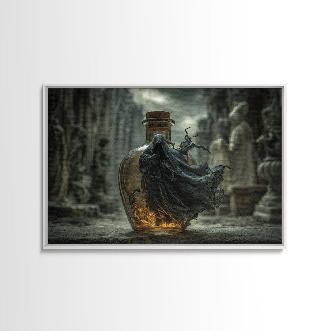 The Bottled Ghost, Landscape Wall Art, Macabre Wall Art, Framed Canvas Print, Halloween Wall Decor, Gothic Home Decor