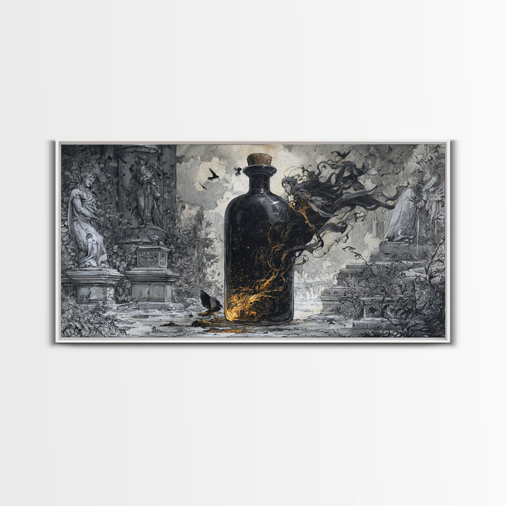 The Bottled Ghost, Wide Panoramic Art, Dark Fantasy Wall Art, Canvas Print, Halloween Wall Decor, Gothic Home Decor, Seasonal Home Decor