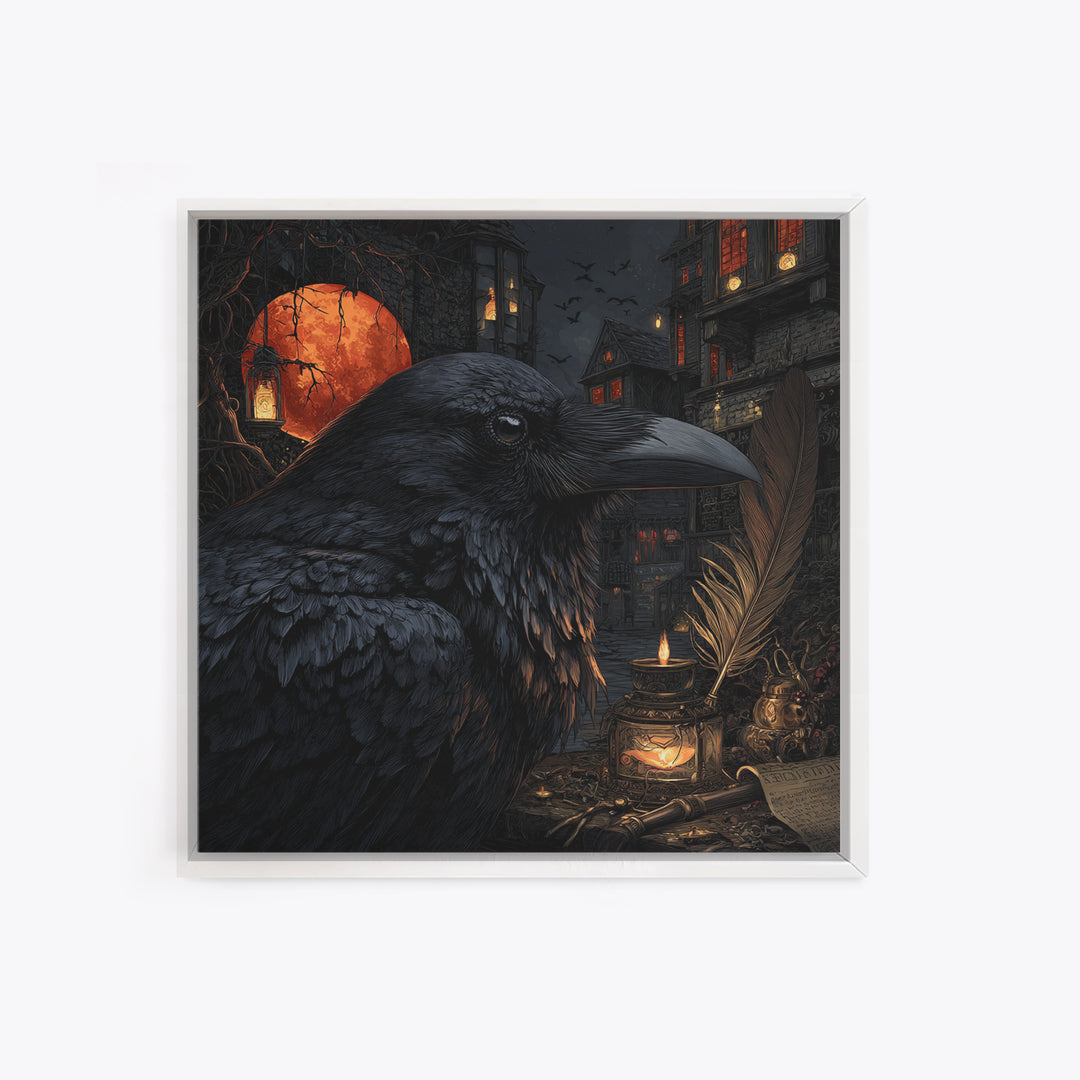 The Raven-Feather Quill, Square Wall Art, Gothic Horror Wall Art, Framed Canvas Print, Halloween Wall Decor, Gothic Home Decor
