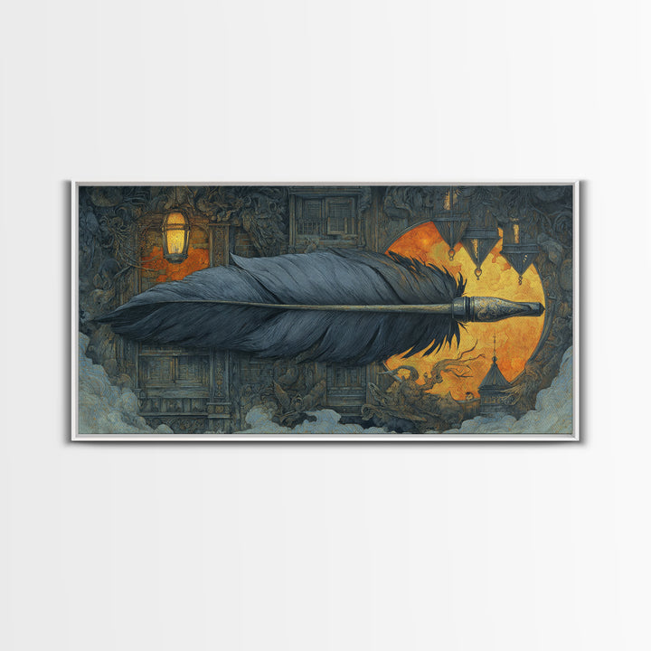 The Raven-Feather Quill, Wide Panoramic Art, Gothic Horror Wall Art, Framed Canvas Print, Halloween Wall Decor, Gothic Home Decor
