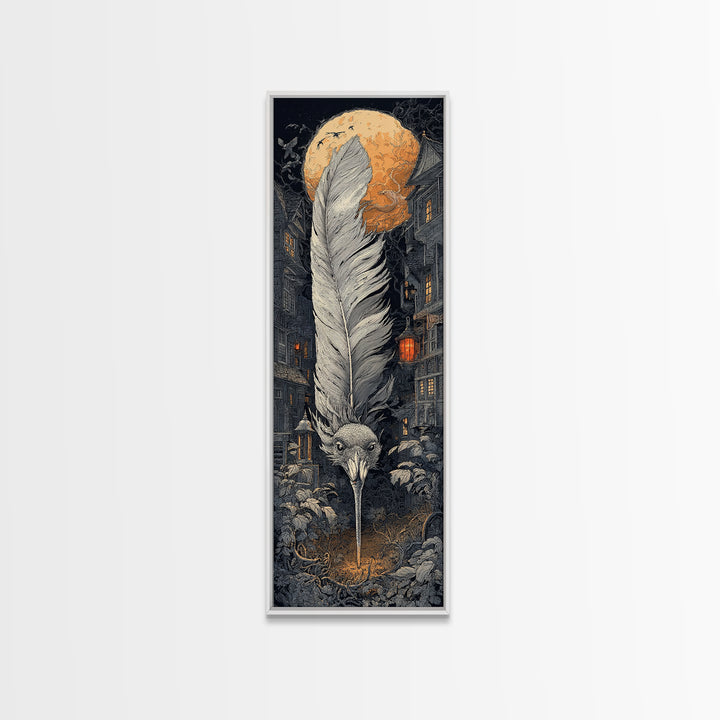 The Raven-Feather Quill, Tall Narrow Wall Art, Macabre Wall Art, Framed Canvas Print, Halloween Wall Decor, Gothic Home Decor