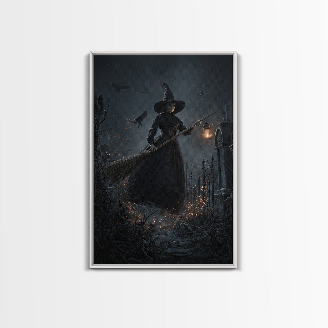 The Witch'S Broom, Vertical Wall Art, Haunted Gothic Art, Framed Canvas Print, Halloween Wall Decor, Gothic Home Decor, Spooky Wall Decor