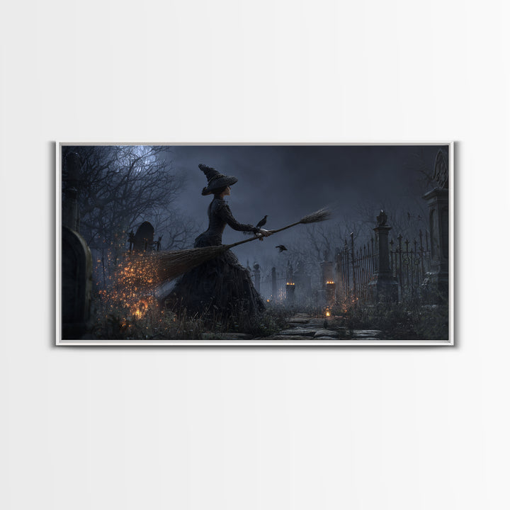 The Witch'S Broom, Wide Panoramic Art, Gothic Horror Wall Art, Framed Canvas Print, Halloween Wall Decor, Gothic Home Decor, Halloween Decor