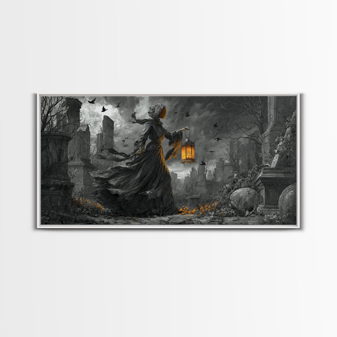 The Bone-Handled Lantern, Wide Panoramic Art, Spooky Home Decor, Canvas Print, Halloween Wall Decor, Gothic Home Decor, Dark Fantasy Art