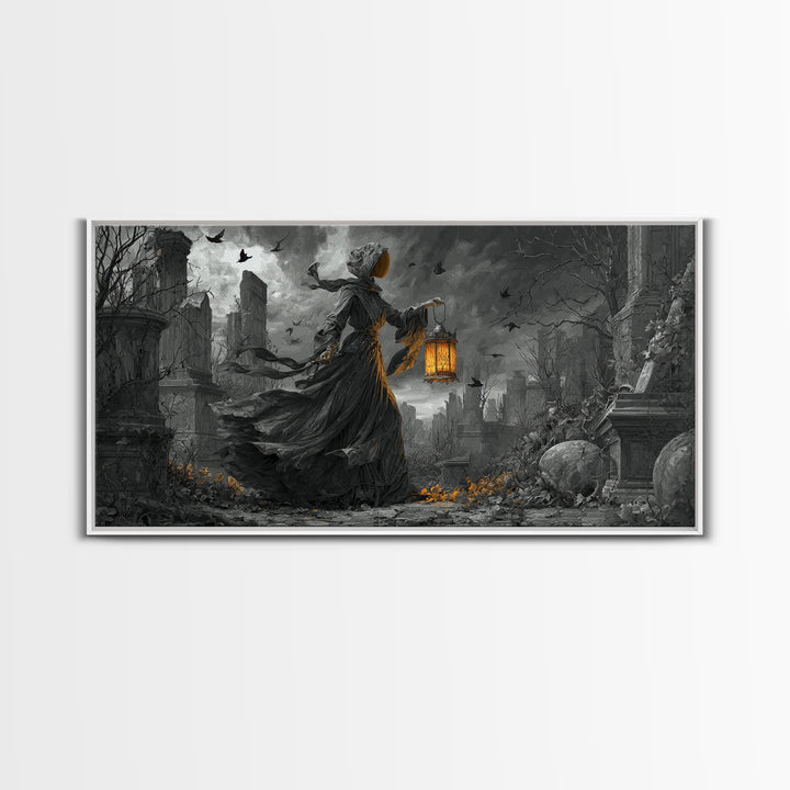 The Bone-Handled Lantern, Wide Panoramic Art, Spooky Home Decor, Canvas Print, Halloween Wall Decor, Gothic Home Decor, Dark Fantasy Art