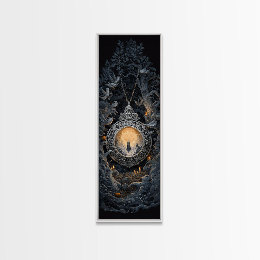 The Moonstone Amulet, Tall Narrow Wall Art, Macabre Wall Art, Framed Canvas Print, Halloween Wall Decor, Gothic Home Decor, Halloween Decor