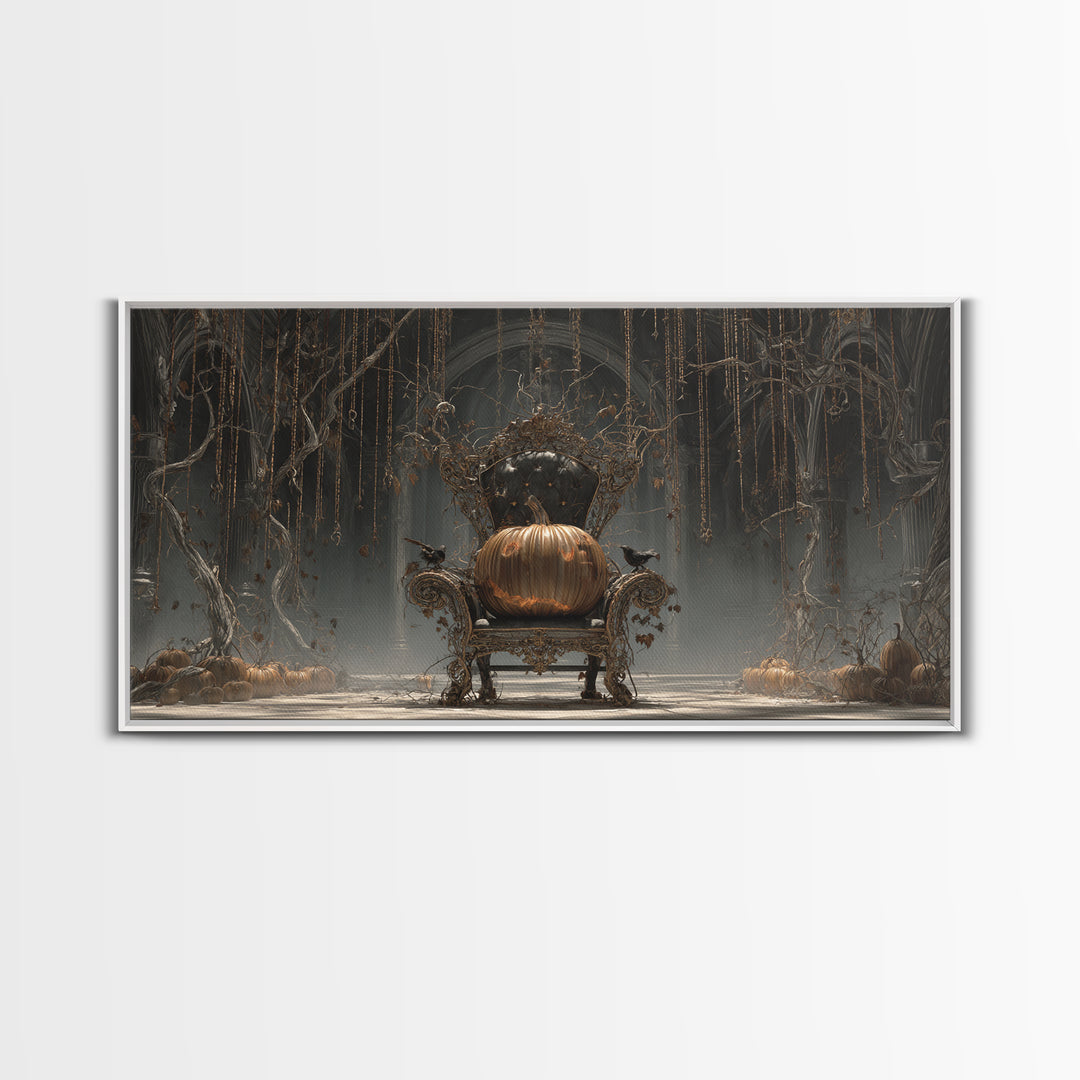 The Jack-O'-Lantern Throne, Wide Panoramic Art, Macabre Wall Art, Framed Canvas Print, Halloween Wall Decor, Gothic Home Decor