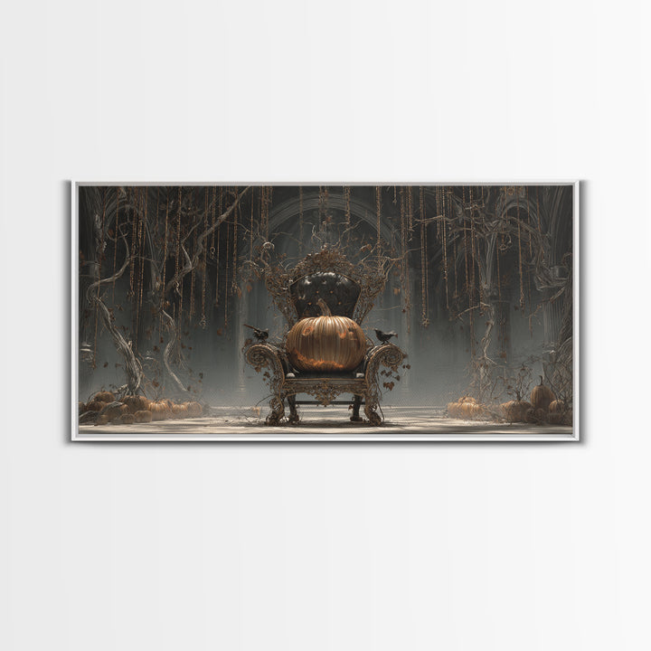 The Jack-O'-Lantern Throne, Wide Panoramic Art, Macabre Wall Art, Framed Canvas Print, Halloween Wall Decor, Gothic Home Decor