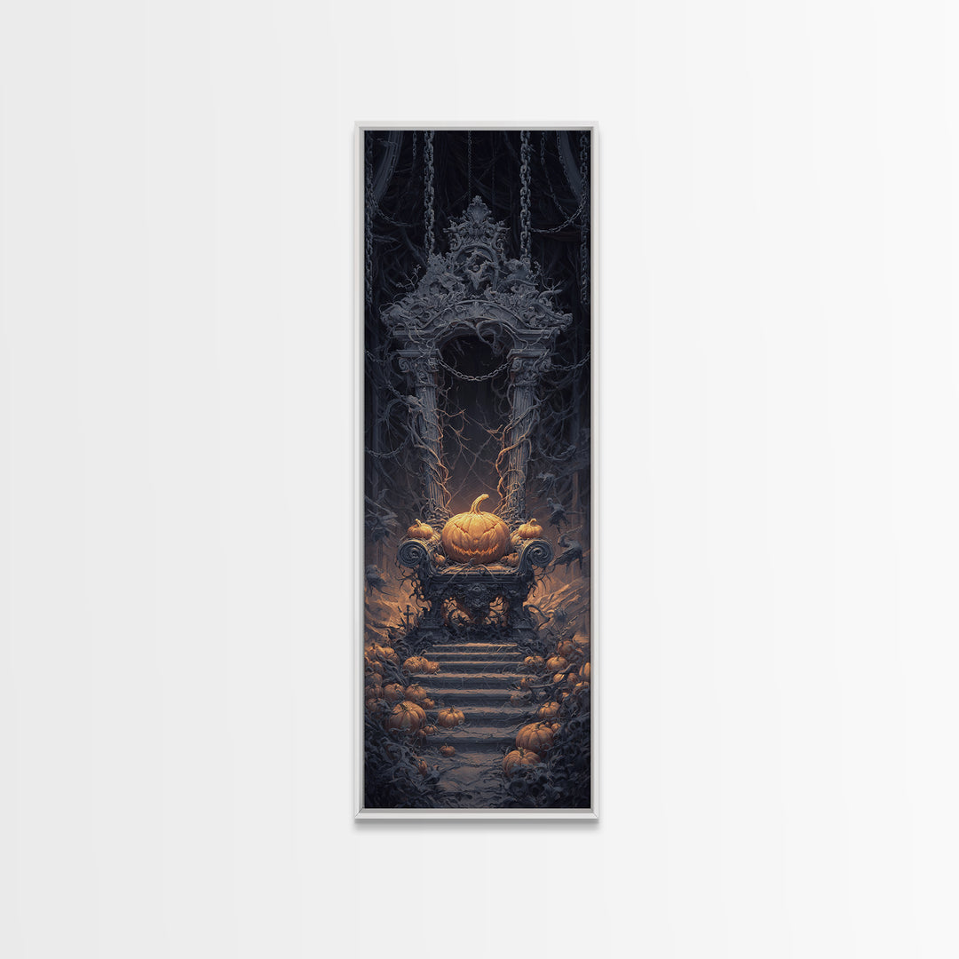 The Jack-O'-Lantern Throne, Tall Narrow Wall Art, Spooky Home Decor, Canvas Print, Halloween Wall Decor, Gothic Home Decor