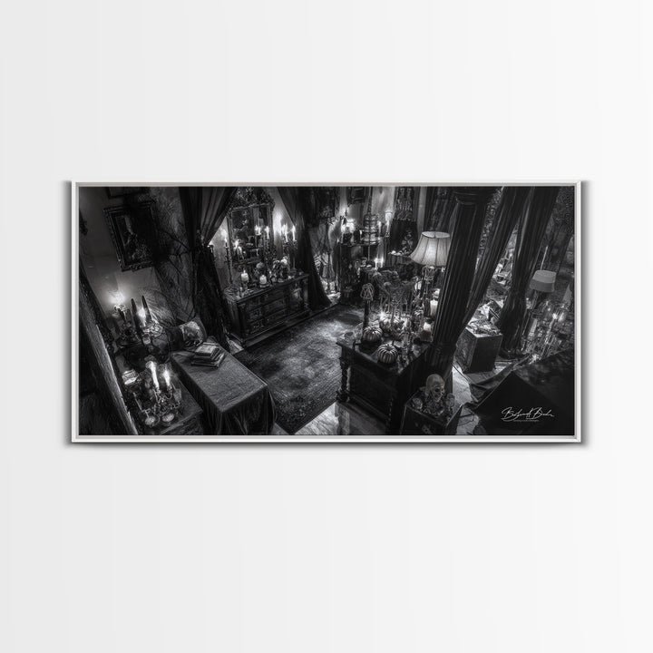 Monochrome Gothic Halloween, Wide Panoramic Art, Macabre Wall Art, Framed Canvas Print, Halloween Wall Decor, Gothic Home Decor