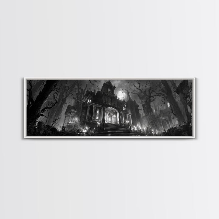 Monochrome Gothic Halloween, Extra Wide Wall Art, Spooky Home Decor, Canvas Print, Halloween Wall Decor, Gothic Home Decor, Dark Fantasy Art