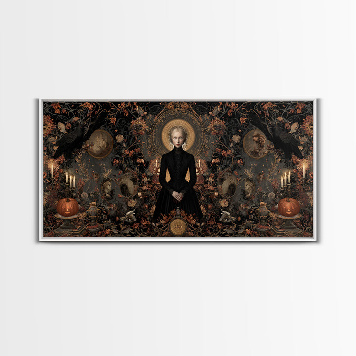 Victorian Mourning Halloween, Wide Panoramic Art, Haunted Gothic Art, Framed Canvas Print, Halloween Wall Decor, Gothic Home Decor