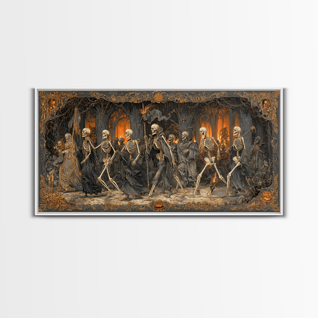 Medieval Danse Macabre, Wide Panoramic Art, Dark Fantasy Wall Art, Canvas Print, Halloween Wall Decor, Gothic Home Decor, Halloween Wall Art