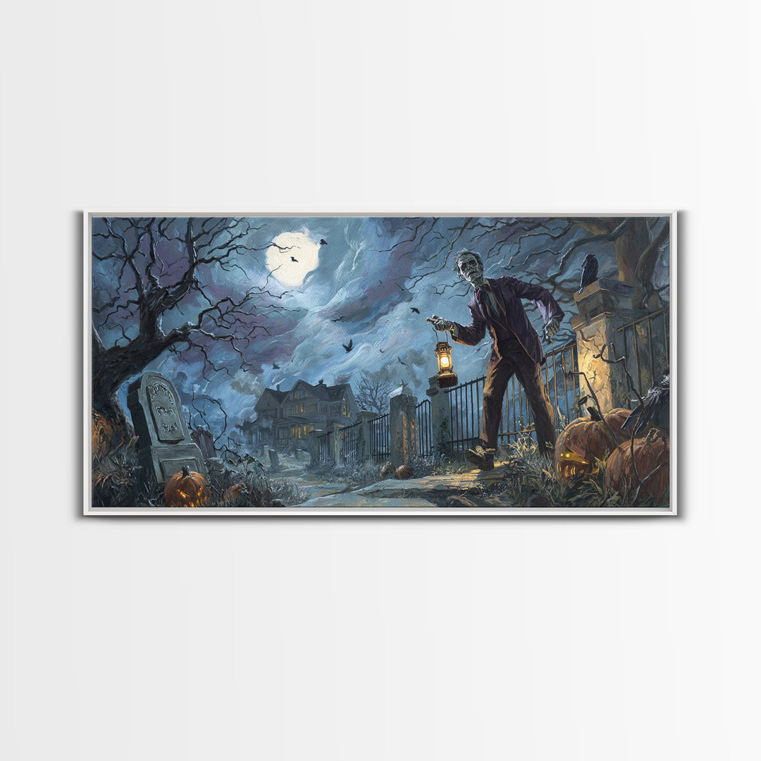 1950s Halloween Nostalgia, Wide Panoramic Art, Dark Fantasy Wall Art, Canvas Print, Halloween Wall Decor, Gothic Home Decor