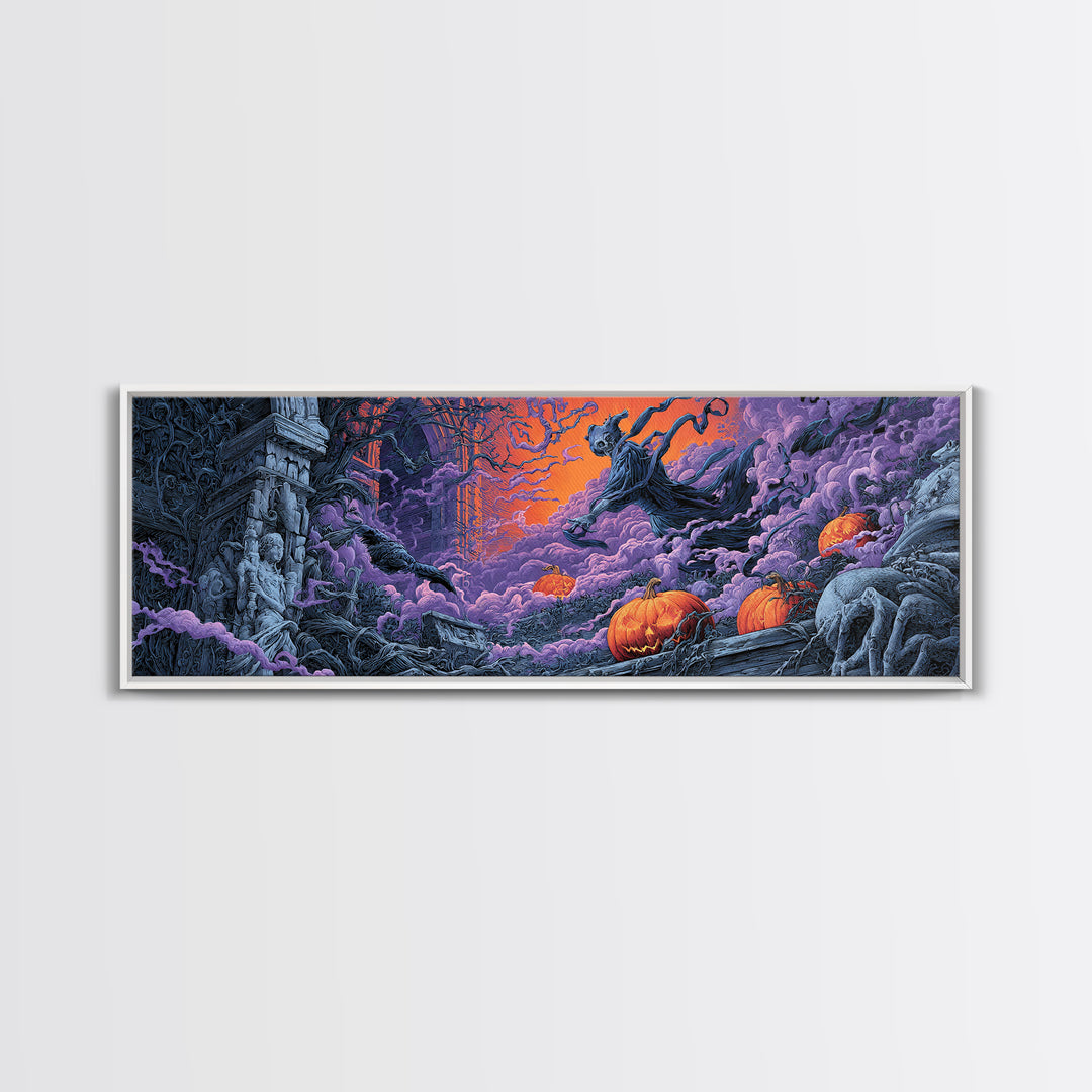 1980s Neon Horror, Extra Wide Wall Art, Dark Fantasy Wall Art, Canvas Print, Halloween Wall Decor, Gothic Home Decor, Macabre Wall Art
