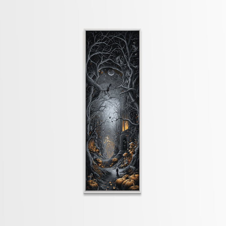 Enchanted Woodland Halloween, Tall Narrow Wall Art, Haunted Gothic Art, Framed Canvas Print, Halloween Wall Decor, Gothic Home Decor