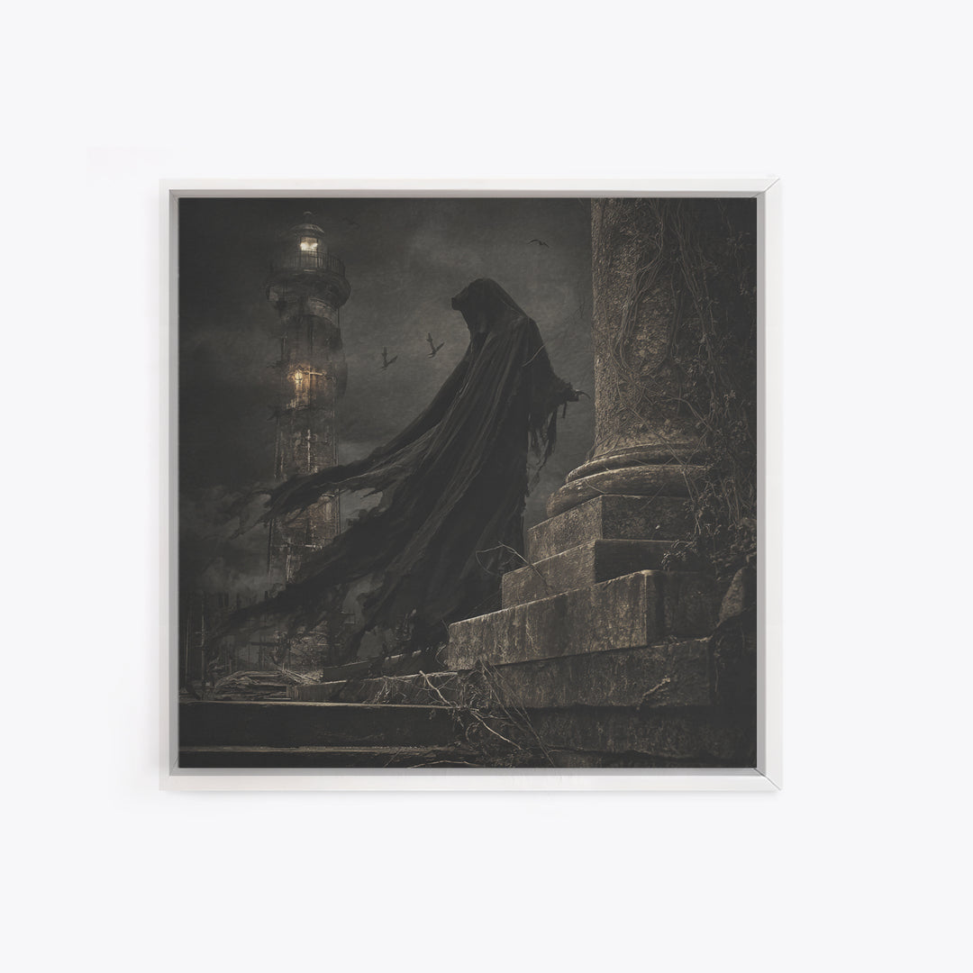 Haunted Seaside Halloween, Square Wall Art, Macabre Wall Art, Framed Canvas Print, Halloween Wall Decor, Gothic Home Decor, Dark Fantasy Art