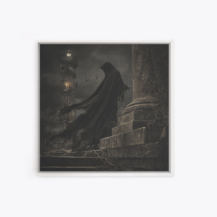 Haunted Seaside Halloween, Square Wall Art, Macabre Wall Art, Framed Canvas Print, Halloween Wall Decor, Gothic Home Decor, Dark Fantasy Art