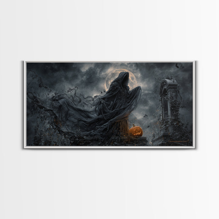 Haunted Seaside Halloween, Wide Panoramic Art, Spooky Home Decor, Canvas Print, Halloween Wall Decor, Gothic Home Decor, Macabre Wall Art