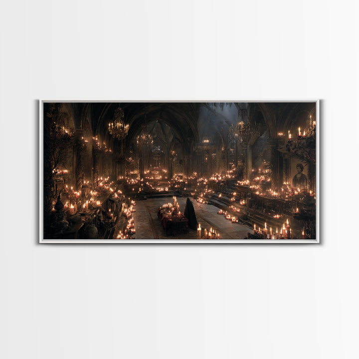 The Candlelit Crypt, Wide Panoramic Art, Dark Halloween Decor, Canvas Print, Halloween Wall Decor, Gothic Home Decor, Statement Wall Art