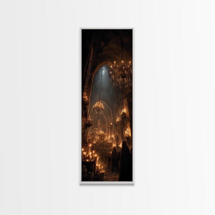 The Candlelit Crypt, Tall Narrow Wall Art, Gothic Horror Wall Art, Framed Canvas Print, Halloween Wall Decor, Gothic Home Decor