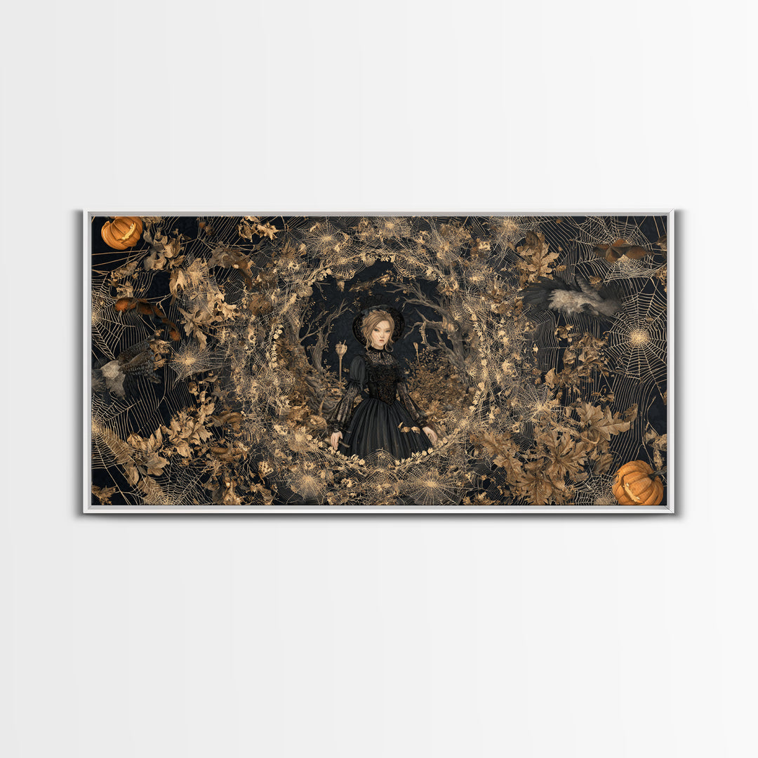 Black Lace And Cobwebs, Wide Panoramic Art, Haunted Gothic Art, Framed Canvas Print, Halloween Wall Decor, Gothic Home Decor