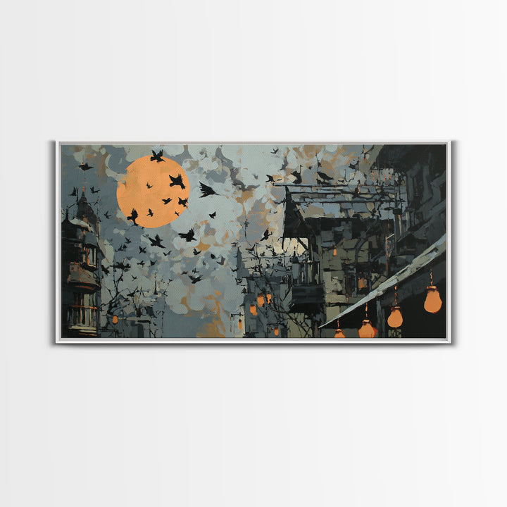 Ravens And Ruins, Wide Panoramic Art, Spooky Home Decor, Canvas Print, Halloween Wall Decor, Gothic Home Decor, Macabre Wall Art