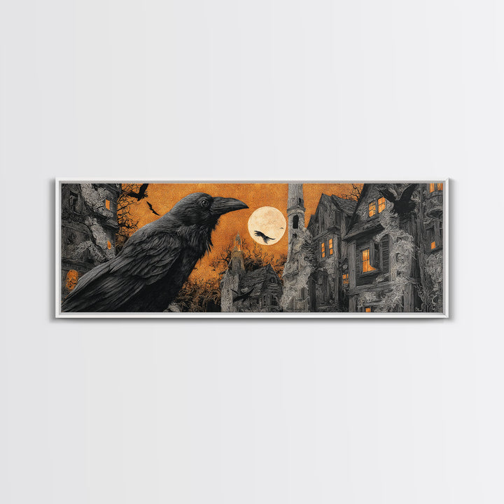 Ravens And Ruins, Extra Wide Wall Art, Macabre Wall Art, Framed Canvas Print, Halloween Wall Decor, Gothic Home Decor, Halloween Decor