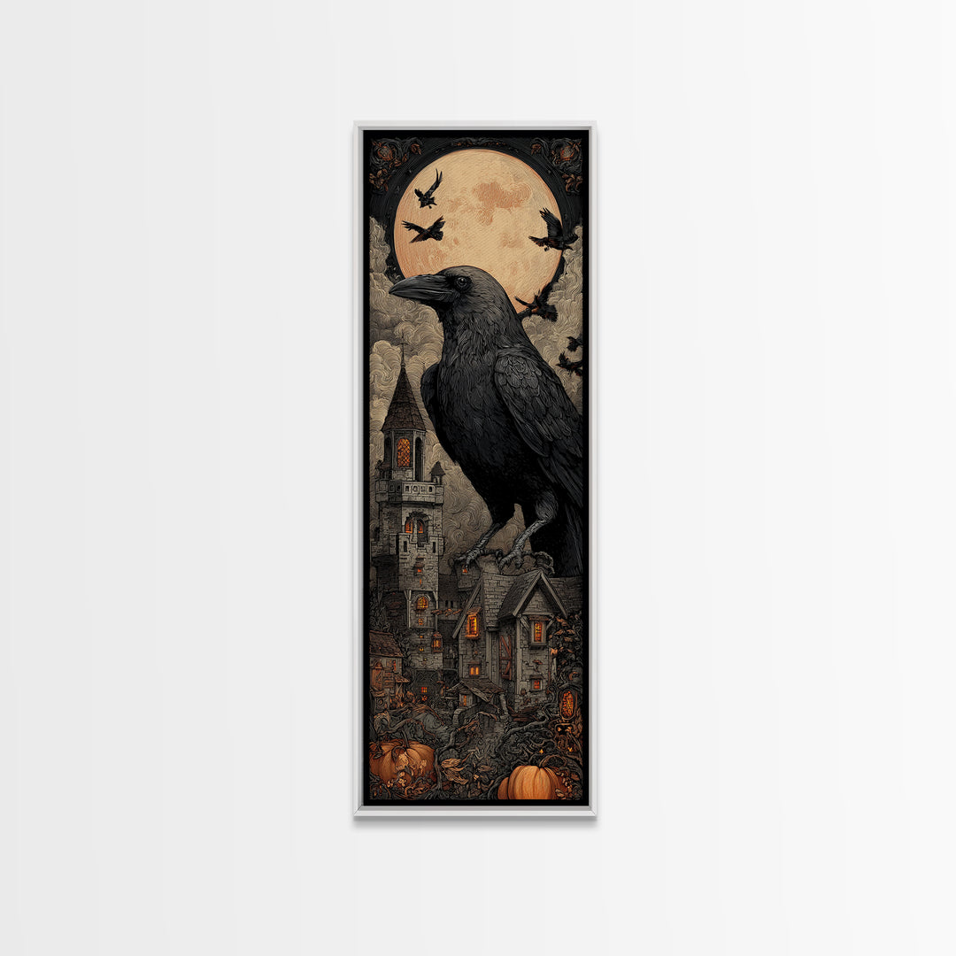 Ravens And Ruins, Tall Narrow Wall Art, Haunted Gothic Art, Framed Canvas Print, Halloween Wall Decor, Gothic Home Decor