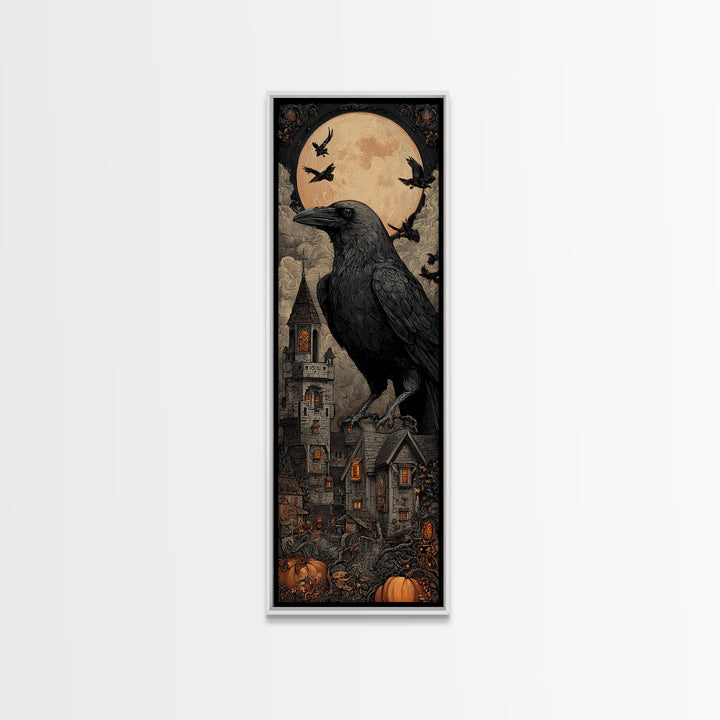 Ravens And Ruins, Tall Narrow Wall Art, Haunted Gothic Art, Framed Canvas Print, Halloween Wall Decor, Gothic Home Decor