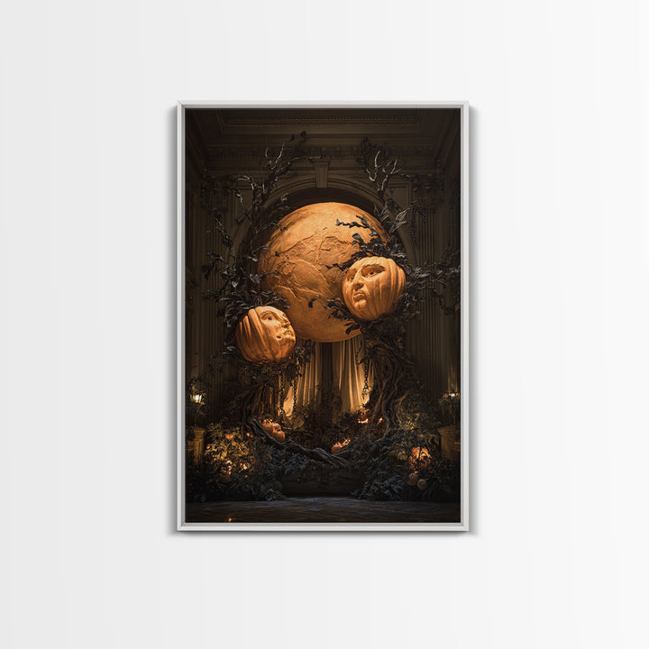 Pumpkins And Moon Phases, Vertical Wall Art, Macabre Wall Art, Framed Canvas Print, Halloween Wall Decor, Gothic Home Decor