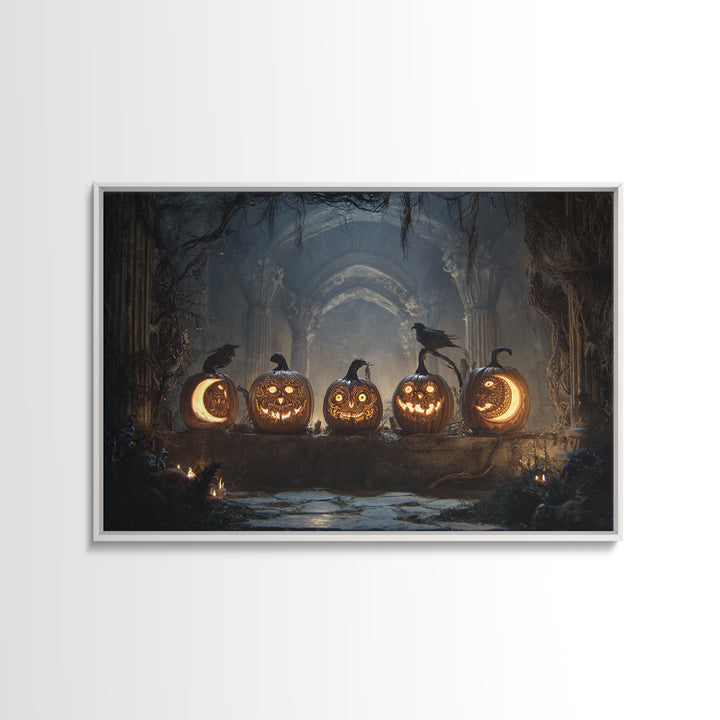Pumpkins And Moon Phases, Landscape Wall Art, Haunted Gothic Art, Framed Canvas Print, Halloween Wall Decor, Gothic Home Decor