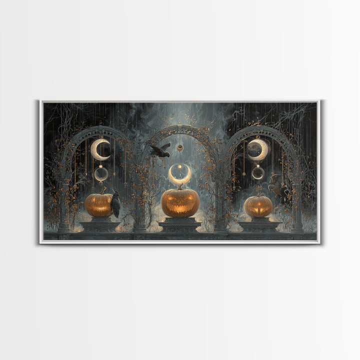 Pumpkins And Moon Phases, Wide Panoramic Art, Dark Halloween Decor, Canvas Print, Halloween Wall Decor, Gothic Home Decor, Horror Wall Art