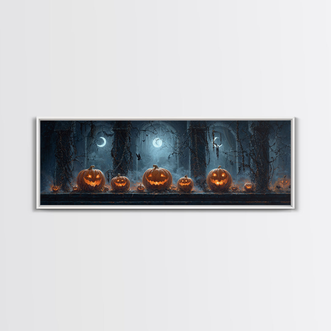 Pumpkins And Moon Phases, Extra Wide Wall Art, Macabre Wall Art, Framed Canvas Print, Halloween Wall Decor, Gothic Home Decor