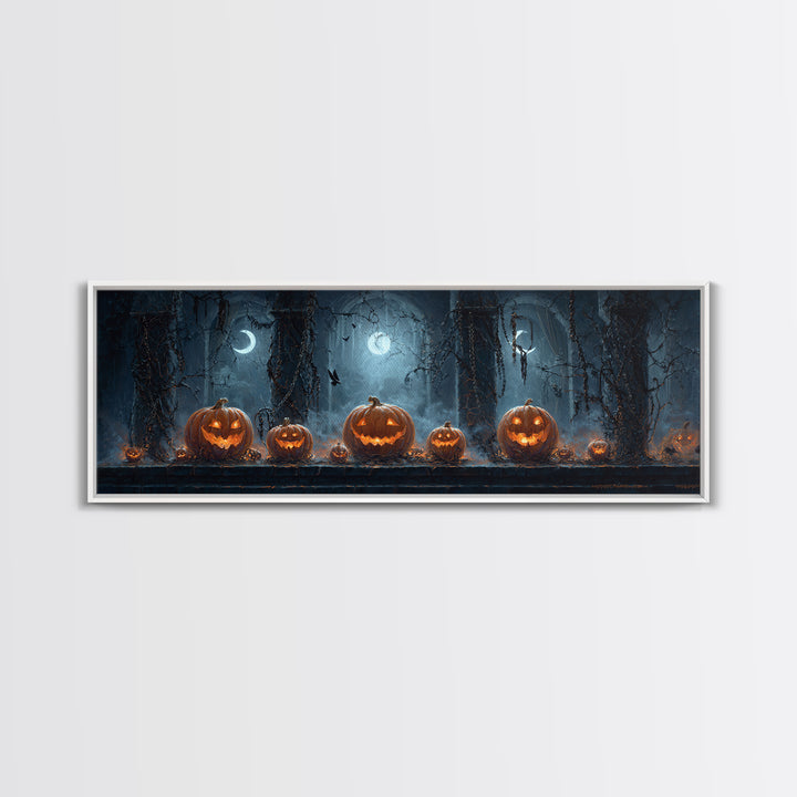 Pumpkins And Moon Phases, Extra Wide Wall Art, Macabre Wall Art, Framed Canvas Print, Halloween Wall Decor, Gothic Home Decor