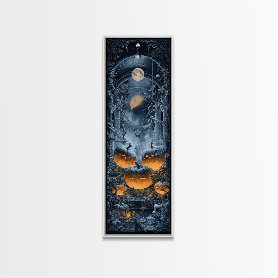 Pumpkins And Moon Phases, Tall Narrow Wall Art, Haunted Gothic Art, Framed Canvas Print, Halloween Wall Decor, Gothic Home Decor