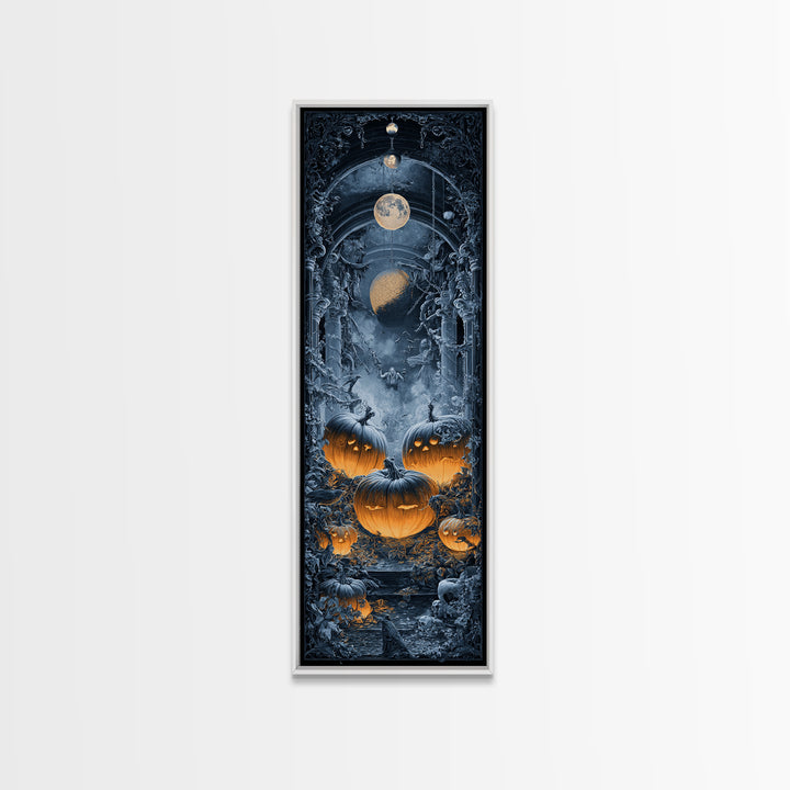Pumpkins And Moon Phases, Tall Narrow Wall Art, Haunted Gothic Art, Framed Canvas Print, Halloween Wall Decor, Gothic Home Decor