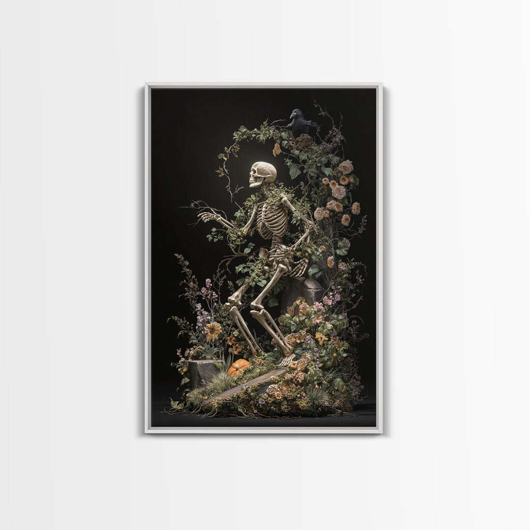 Skeletal Botanicals, Vertical Wall Art, Gothic Horror Wall Art, Framed Canvas Print, Halloween Wall Decor, Gothic Home Decor