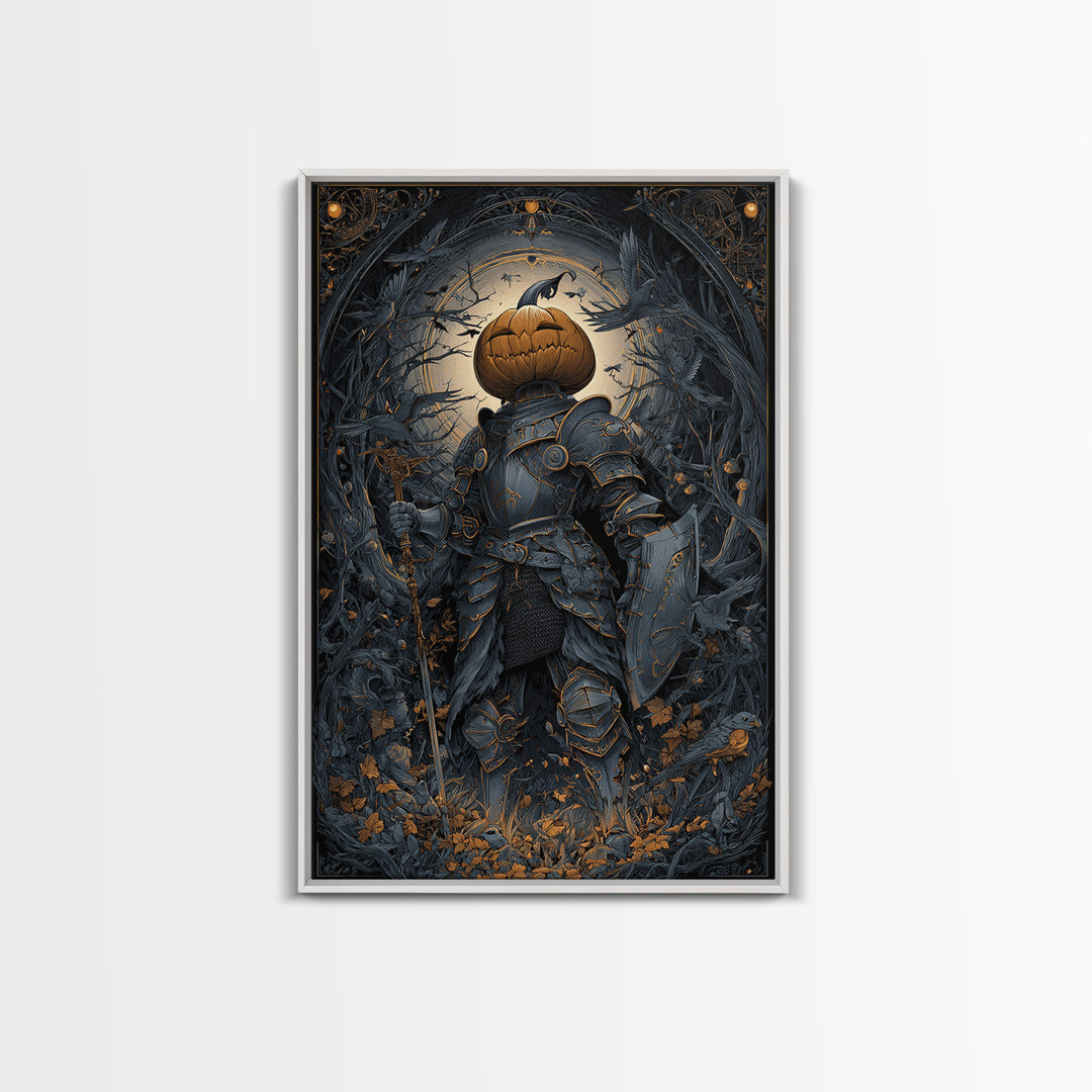 The Pumpkin Paladin, Vertical Wall Art, Dark Halloween Decor, Canvas Print, Halloween Wall Decor, Gothic Home Decor, Statement Wall Art