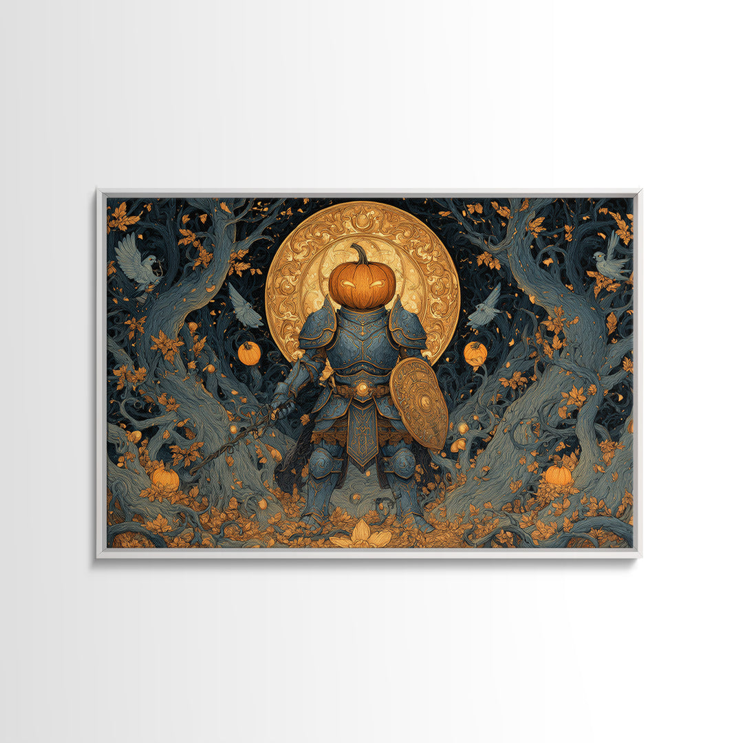 The Pumpkin Paladin, Landscape Wall Art, Haunted Gothic Art, Framed Canvas Print, Halloween Wall Decor, Gothic Home Decor