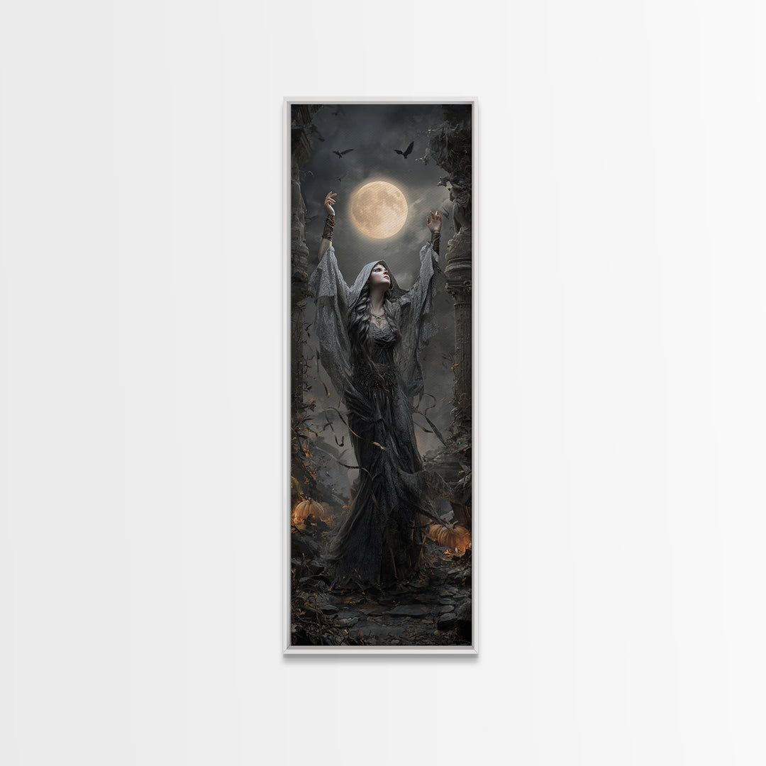 The Moon Priestess, Tall Narrow Wall Art, Gothic Horror Wall Art, Framed Canvas Print, Halloween Wall Decor, Gothic Home Decor