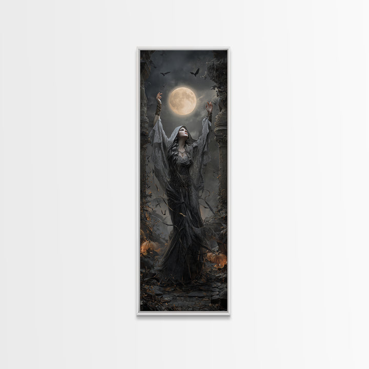 The Moon Priestess, Tall Narrow Wall Art, Gothic Horror Wall Art, Framed Canvas Print, Halloween Wall Decor, Gothic Home Decor