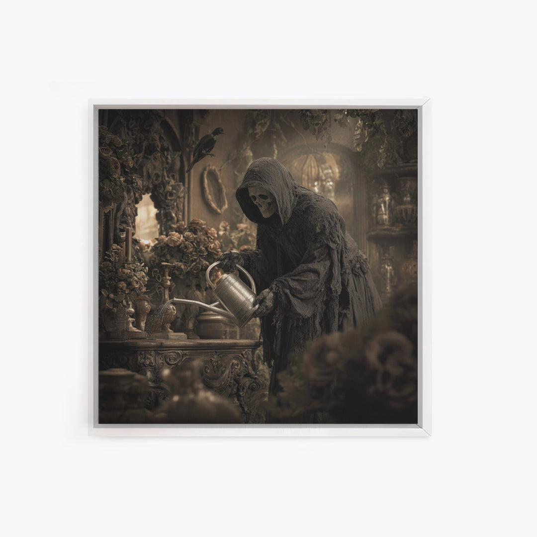 The Graveyard Gardener, Square Wall Art, Haunted Gothic Art, Framed Canvas Print, Halloween Wall Decor, Gothic Home Decor