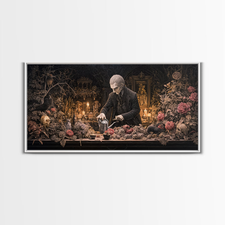 The Graveyard Gardener, Wide Panoramic Art, Gothic Horror Wall Art, Framed Canvas Print, Halloween Wall Decor, Gothic Home Decor