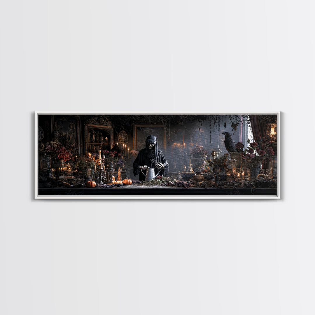 The Graveyard Gardener, Extra Wide Wall Art, Spooky Home Decor, Canvas Print, Halloween Wall Decor, Gothic Home Decor, Macabre Wall Art