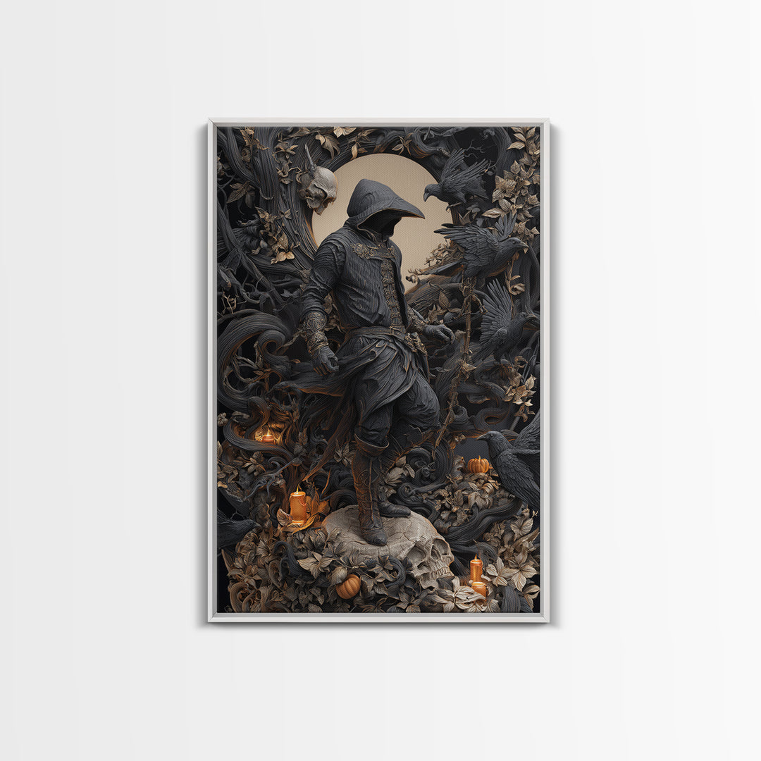 The Crow-Masked Assassin, Vertical Wall Art, Haunted Gothic Art, Framed Canvas Print, Halloween Wall Decor, Gothic Home Decor