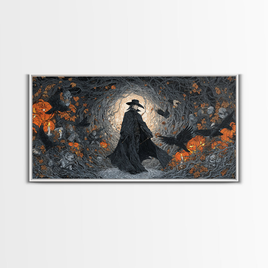The Crow-Masked Assassin, Wide Panoramic Art, Gothic Horror Wall Art, Framed Canvas Print, Halloween Wall Decor, Gothic Home Decor